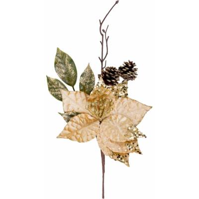 Vetvička MagicHome Vianoce, s kvetom poinsettia, zlatá, 34 cm