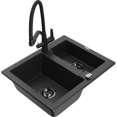 Mexen Carlos гранитна кухненска мивка 1, 5-камерна с кухненски смесител Duo, черен/сребърен металик - 6518-73-671701-70-B (6518-73-671701-70-B)