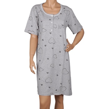 Макси памучна нощница в сиво със сърца