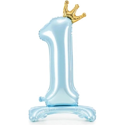 PartyDeco BALÓNEK fóliový Stojací číslo 1 s korunkou světle modrý 84 cm