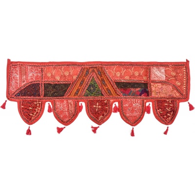 Sanu Babu Červený závěs nad dveře s výšivkou a třásněmi, 103x36cm (1G)