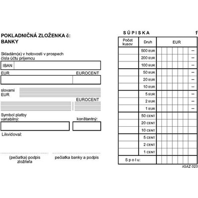 Igaz 23 Pokladničná zloženka banky, A6, 3 diely, číslovaná, samoprepis