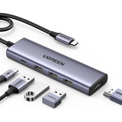 Ugreen CM511 хъб 5in1, USB-C - HDMI 1.4 / 3 x USB-A / USB-C, PD, 100W, сив