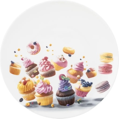 Altom Design Porcelánový tanier Sweet Moments 20 cm – dezertný tanier s motívom makróniek a muffinov