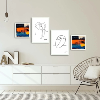 ASIR Obraz na MDF s rámem 4ks SLON A SOVA 30 x 30 cm (2) 35 x 50 cm (2)