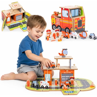 ECOTOYS Drevená hasičská stanica 2v1 s vozidlami a 11 dielmi
