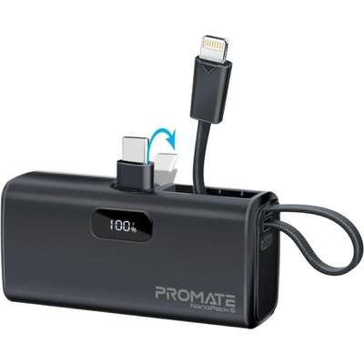 Promate Външна батерия ProMate, NanoPack-5. Black 5000mAh Portable Mini Power Bank, 20W USB-C Output Plug and Lightning output Built-In Cable - Черна