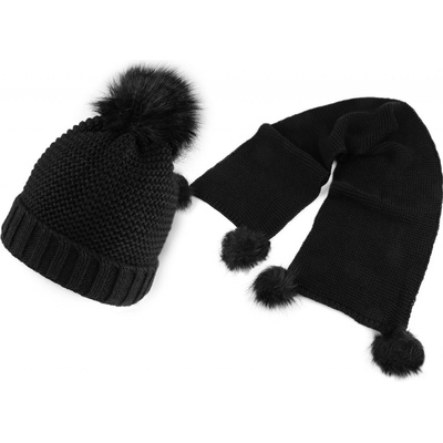 sada čepice a šála s bambulemi černá