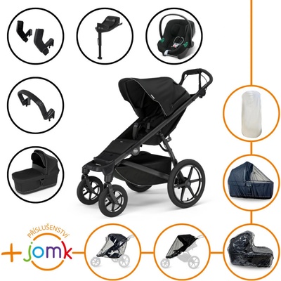 Thule Set 11v1 Urban Glide 4-wheel Black 2024 + madlo + korba Black + JOMK příslušenství + autosedačka Cybex s ISOFIX základnou a adaptéry Thule