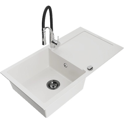 Mexen Leo гранитна мивка с 1 отделение със сушилня и кухненски смесител Aster, бяла - 6501-20-73450-07-B (6501-20-73450-07-B)