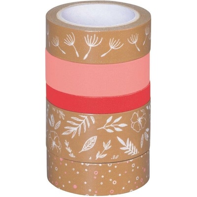 Samolepicí dekorační washi páska papírová mix velikostí 5 ks - natur, lístky, růžová
