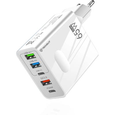 Techsuit - Премиум зарядно за стена PentaXPower (CHC1) - 3x USB, 2x Type-C PD 25W, 65W, GaN, бързо зареждане - бяло