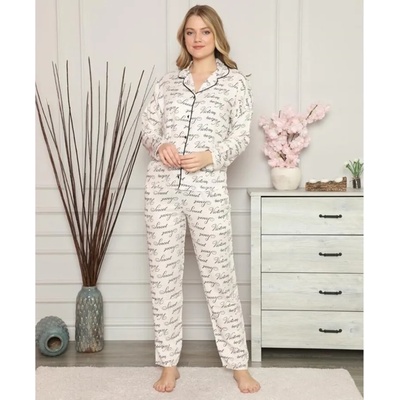 Памучна пижама с райе и надписи