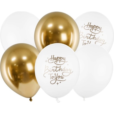 PartyDeco Latexové balóniky biele a zlaté Happy birthday to you