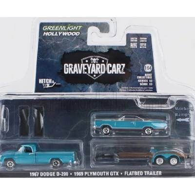 Greenlight Dodge D-200 Pick-up 1967 With Trailer + Gtx Coupe 1969 Graveyard Carz Blue Met 1:64