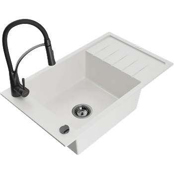 Mexen Elias гранитна мивка с 1 отделение с капак и кухненски смесител Aster, бял - 6511-20-73450-70-B (6511-20-73450-70-B)