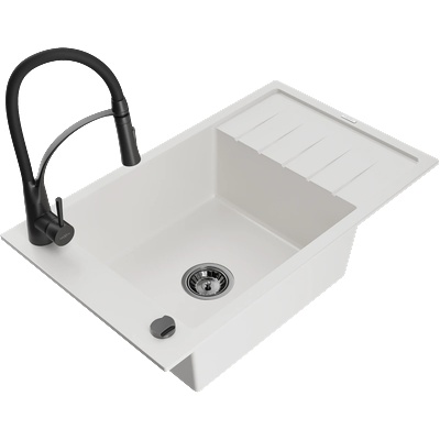 Mexen Elias гранитна мивка с 1 отделение с капак и кухненски смесител Aster, бял - 6511-20-73450-70-B (6511-20-73450-70-B)