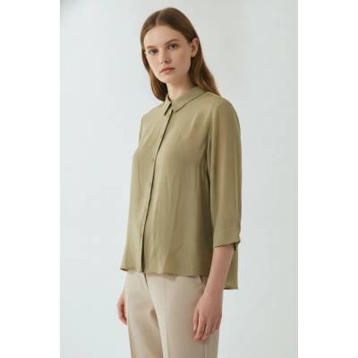 THOM By Thomas Rath Dámská khaki košile s krátkým rukávem elegantní volná průhledná