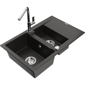 Mexen Gaspar гранитна мивка 1, 5-коморна с отцедник и кухненски смесител Flora, черен/златен металик - 6507-75-670401-00 (6507-75-670401-00)