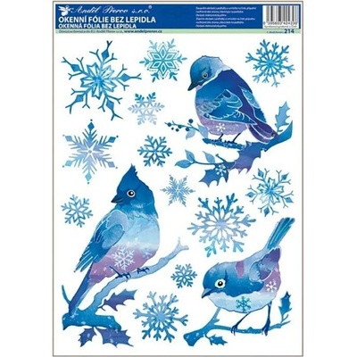 Okenní fólie ptáčci s vločkami a stromek z vloček modrý s glitry 37x29 cm
