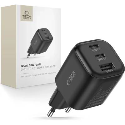 Tech-Protect nca100w-gan-avs, мрежово зарядно устройство с 3 порта pd 3.2 100 w / qc3.0, черно (5906302323432)