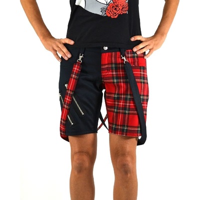 Punk kraťasy černá červené káro + kšandy dámské