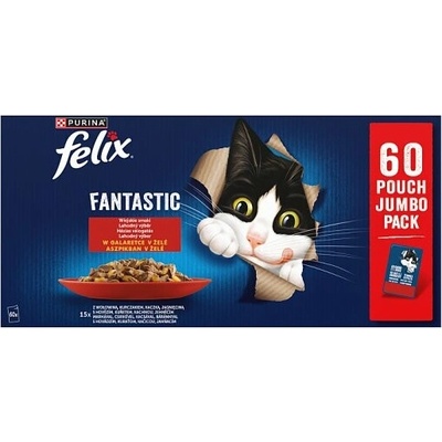 Felix Fantastic kapsičky pro kočky hovězí, kuře, kachna, jehněčí v želé 60 x 85 g