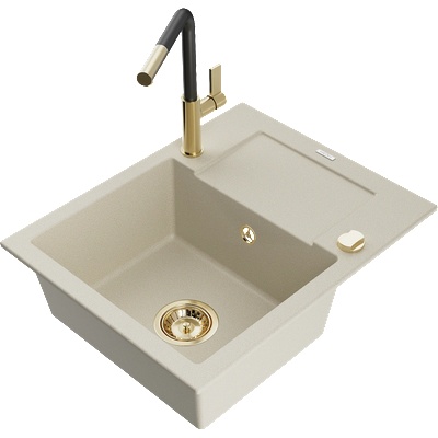 Mexen Enzo мивка от гранит с 1 отделение и отцедник и кухненски смесител Flora, бежов - 6506-69-670401-57-G (6506-69-670401-57-G)