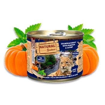 Natural Greatness Salmon and Turkey with Pumpkin and Cat Mint - Сьомга и пуйка с тиква и котешка мента - Хипоалергенна консерва за котки, без зърнени култури, 200 гр, Испания NGC20002