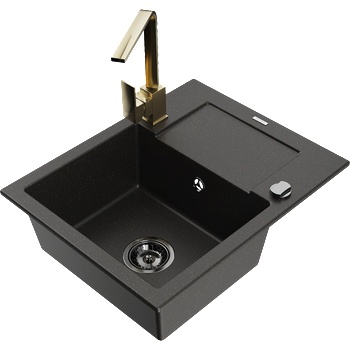Mexen Enzo гранитна мивка 1-камерна с отцедник и кухненски смесител Rita, черен/златен металик - 6506-75-670300-50-B (6506-75-670300-50-B)