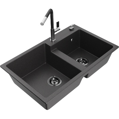 Mexen Tomas кухненска мивка от гранит с 2 камери с кухненски смесител Flora, черен накрапян - 6516-76-670401-07-B (6516-76-670401-07-B)