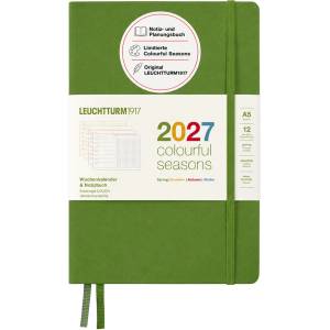 Leuchtturm1917 Weekly Calendar & Notebook Dotted Medium (A5) 2027, Colorful Seasons Green, German Hardcover Calendar Overview 2026/2027/2028, Planning Overview 01.27-12.28, Project Planner, Folding Pocket - 400198 (