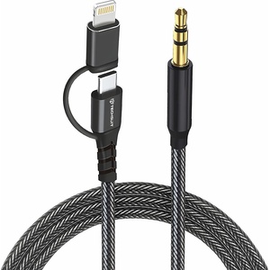 Techsuit - Премиум кабелен адаптер 3в1 EchoSnap (AC15) - Lightning/Type-C към 3.5 мм жак, Hi-Fi качество, 1 м - Черен