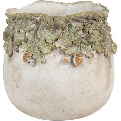 Clayre & Eef Cementový kvetináč s dubovými listami a žaluďmi Acornia - 19x17 cm