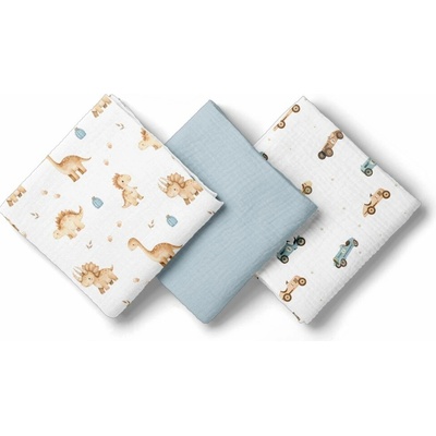 BocioLand Mušelínové 70 × 70 cm modré Auta a dinosauri 3 ks