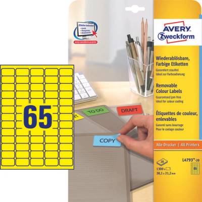 AVERY L4793-20 snímatelné žluté 1 x 21,2 mm 20 listů