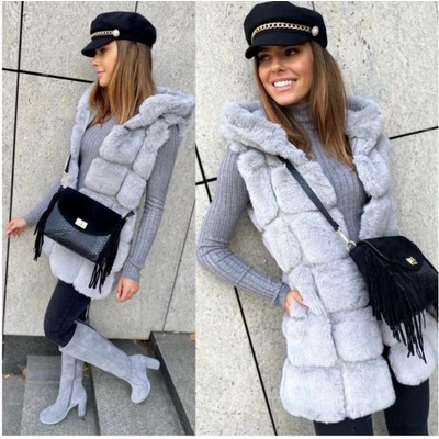 Fashion week chlupatá kožešinová vesta s kapuci Delux Exclusive MAD04 šedý