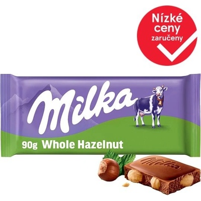 Milka Wholenut mléčná čokoláda z alpského mléka s celými jádry lískových ořechů 95 g