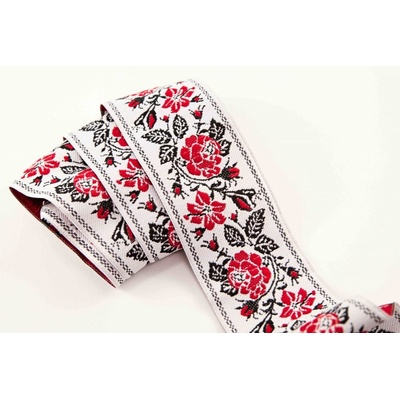 Krojová stuha - světle šedá s červenými růžemii - šíře 4,8 cm