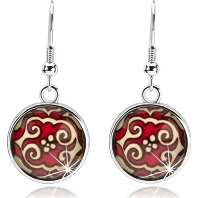 Šperky eshop kruhové kabošon vypouklá glazura červeno-žluté ornamenty květ SP68.27