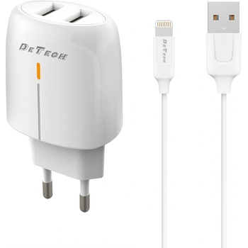DeTech Мрежово зарядно устройство DeTech DE-32QCi, 18W, С Lightning кабел, 2 x USB F, QC, Бял - 40326 (40326)
