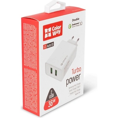 ColorWay USB заряден адаптер, 2USB Quick Charge 3.0 (36W), бял (CW-CHS017Q-WT) (CW-CHS017Q-WT)