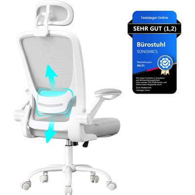 SONGMICS ergonomic office chair, swivel chair with mesh, lumbar and headrest, rocker function, 53 cm seat, folding armrests, study and bedroom, students, dove gray OBN047G01 - OBN047G02