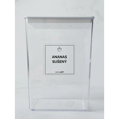 DomaLEP ANANAS SUŠENÝ průhledná samolepka na dózu tučné písmo 5 x 5 cm