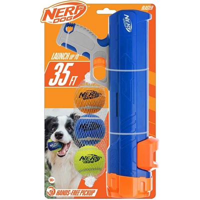 Nerf Dog Blaster 30 cm bez klipu na míček + 3 ks pískacích tenisových míčků 5 cm