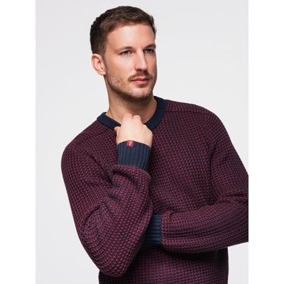 Ombre Clothing Мъжки пуловер с контрастно плетене и кръгло деколте - бордо V1 OM-SWSW-0122 Ombre Clothing Ombre Clothing | Cherven | МЪЖЕ | L