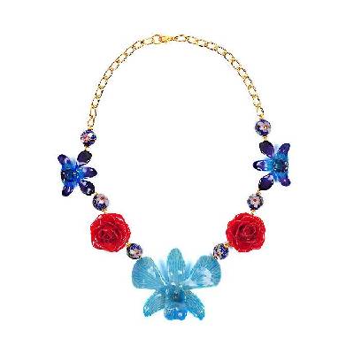 Колие с естествени орхидеи и рози, мъниста клоазоне My Happy Blue Garden Dannyra Jewels