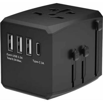 Techsuit Travel Adapter (HHT904) 30W - захранване с 1xUSB-C и 3xUSB-A изхода и преходници за цял свят в едно устройство за мобилни устройства (черен)