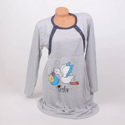 Нощница за кърмачки в сиво с щъркел и тъмносин кант на точки