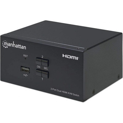 Manhattan HDMI KVM превключвател с 2 порта, 4K@30Hz, USB-A/3, 5 мм аудио/микро връзки, включени кабели, аудио поддръжка, управление на 2 компютъра от един компютър/мишка/екран, USB захранване, черен, т (153522)
